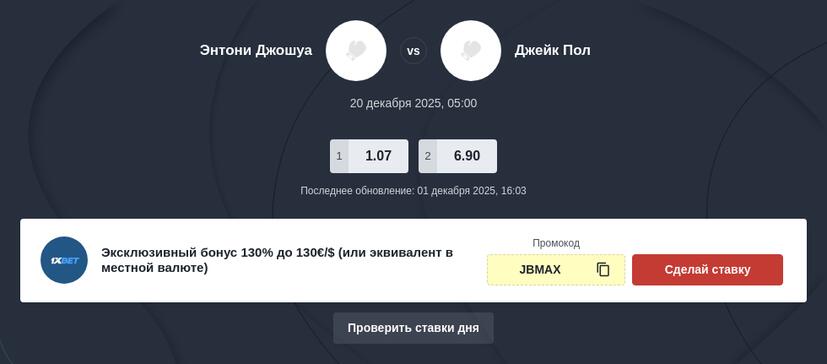 Ставки на бой Джейк Пол - Энтони Джошуа
